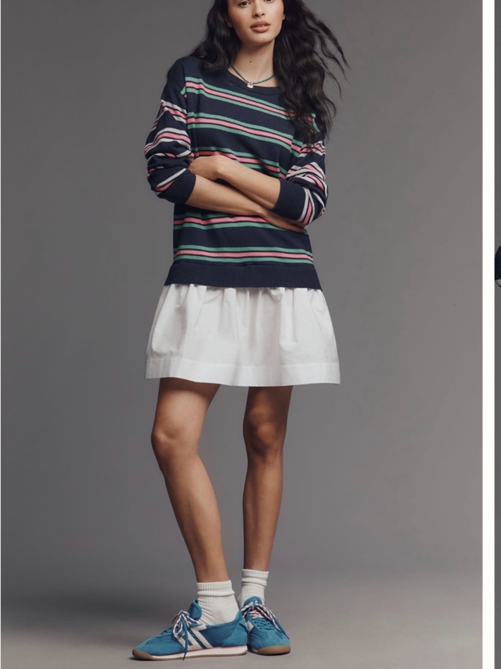 🥰Anthropologie Navy and Pink Striped Long Sleeve Dress by Mauve - Picture 1 of 8